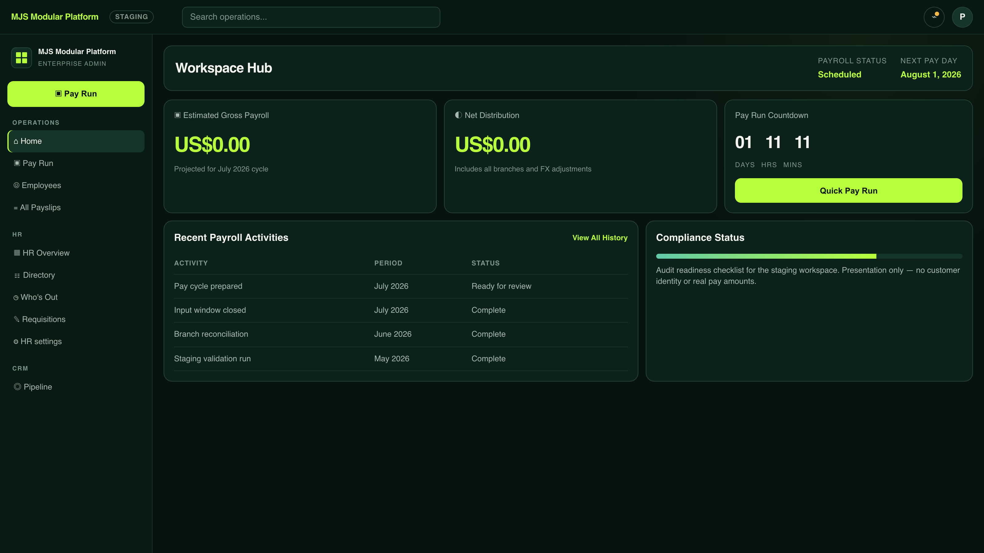 Reviewed English-language example of an MJS Payroll workspace in a non-production environment.